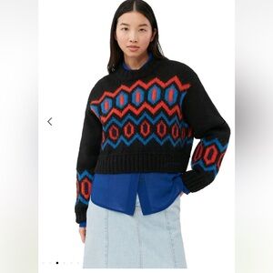 Ganni BLACK CHUNKY WOOL CROPPED O-NECK SWEATER - XS